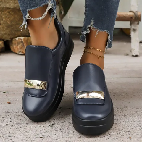 Women Platform Board Shoes Height Increasing Slip-on Casual Shoes With Metal Buckle Fashion Comfortable Synthetic Leather Sneakers