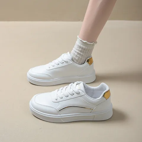 Women Men Casual Sneakers Thick Sole Height Increasing Board Shoes Synthetic Leather Sporty White Gold Walking Shoes
