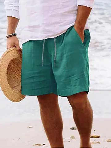 Men Summer Linen Cargo Shorts Casual Beach Bottoms With Drawstring Elastic Waist Breathable Cotton Polyester Blend Multi Pockets