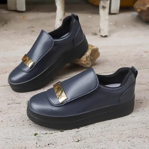 Women Fashion Platform Sneakers Thick Sole Height Increasing Slip-On Casual Single Shoes With Metal Buckle PU Leather Round Toe Low Top Sneakers