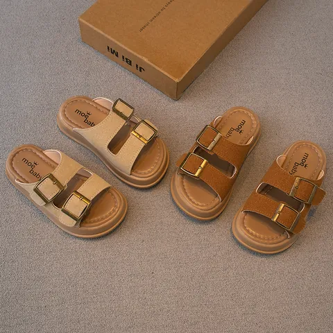 Kinder Doppelschnalle Slides Sommer Sandalen Weiche Sohle Strandhausschuhe Für Jungen Mädchen Verstellbare Rindsleder Schuhe