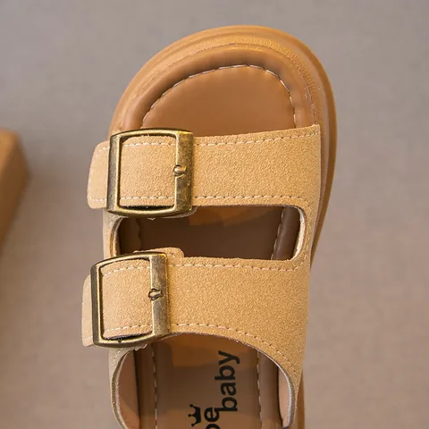 Kinder Doppelschnalle Slides Sommer Sandalen Weiche Sohle Strandhausschuhe Für Jungen Mädchen Verstellbare Rindsleder Schuhe