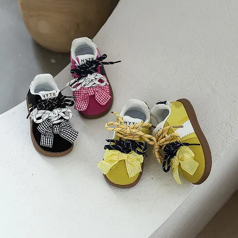 Girls German Training Sneakers Sweet Bow Grid Pattern Non-slip Casual Board Shoes For School Daily Fashion Kids Sport Shoes