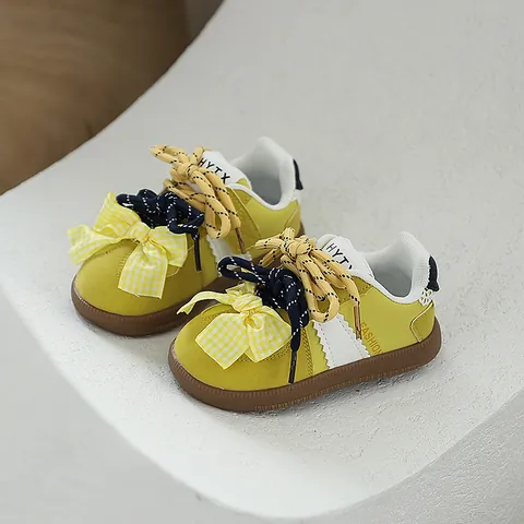 Girls German Training Sneakers Sweet Bow Grid Pattern Non-slip Casual Board Shoes For School Daily Fashion Kids Sport Shoes