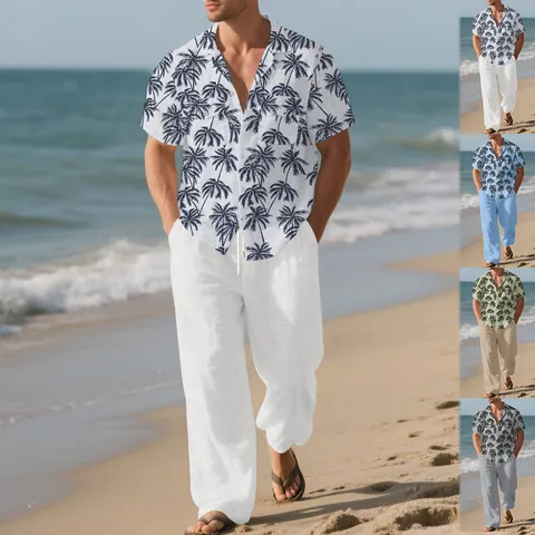 Men's Hawaiian Coconut Tree Print Short Sleeve Shirt and Loose Pants Casual Beach Vacation Top And Bottom Set Polyester