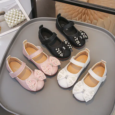 Girls Bow Princess Mary Jane Shoes Artificial Pearl Rhinestone Soft Sole Hook Loop Flat Dress Shoes For Wedding Party