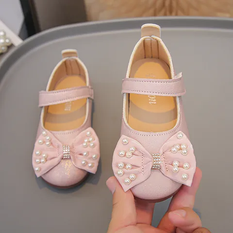 Girls Bow Princess Mary Jane Shoes Artificial Pearl Rhinestone Soft Sole Hook Loop Flat Dress Shoes For Wedding Party
