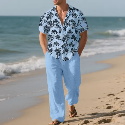 Men's Hawaiian Coconut Tree Print Short Sleeve Shirt and Loose Pants Casual Beach Vacation Top And Bottom Set Polyester