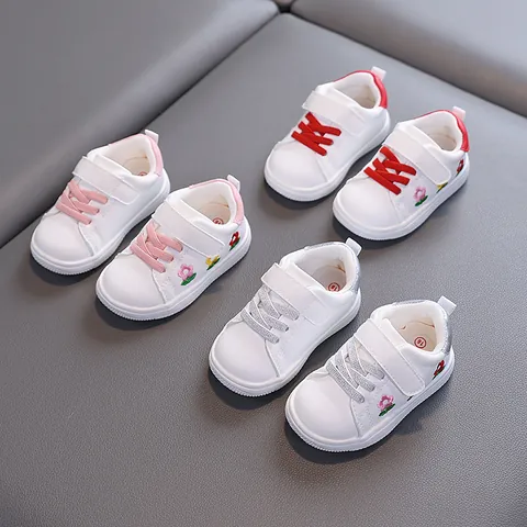 Minimalist White Toddler Shoes Floral Embroidery Soft Sole Anti-Slip Walking Shoes For Boys Girls Kids Fashion Casual Bread Shoes