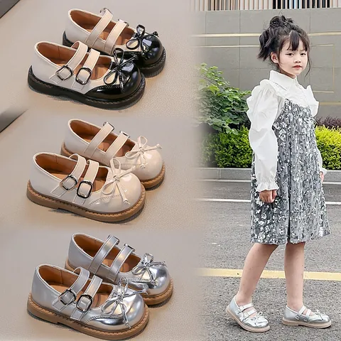 Girls Mary Jane Princess Shoes 2025 New Autumn Korean Style PU Leather Bow Flats Sweet Shiny Silver Loafers For Children