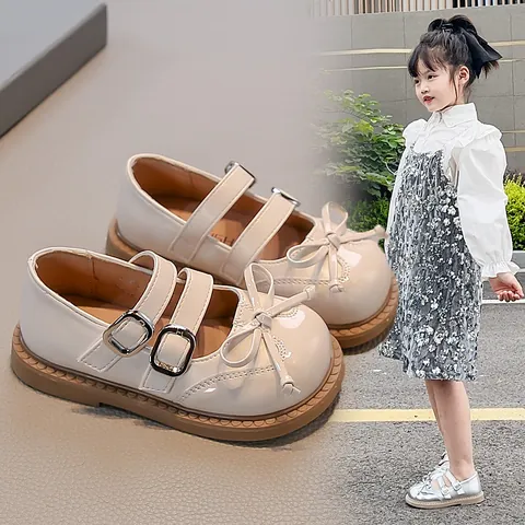 Girls Mary Jane Princess Shoes 2025 New Autumn Korean Style PU Leather Bow Flats Sweet Shiny Silver Loafers For Children