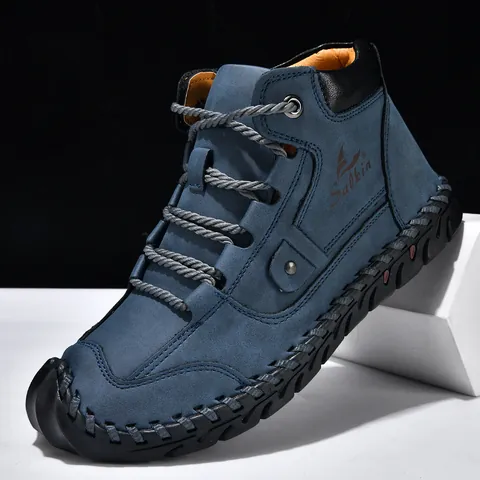 Men's Casual PU Leather Martin Boots Fashion Hand-Stitched Ankle Boots Non-Slip Rubber Sole Lace-Up Outdoor Leisure Shoes
