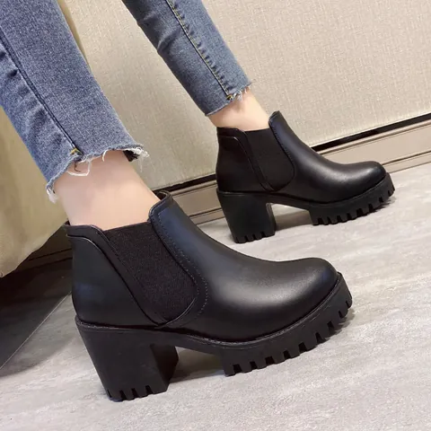 Dames Zwarte Chelsea Boots PU Leer Plateau Blokhak Hoge Enkellaarsjes Ronde Neus Elastische Zijkant Casual Winterlaarzen