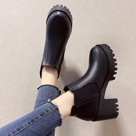 Dames Zwarte Chelsea Boots PU Leer Plateau Blokhak Hoge Enkellaarsjes Ronde Neus Elastische Zijkant Casual Winterlaarzen