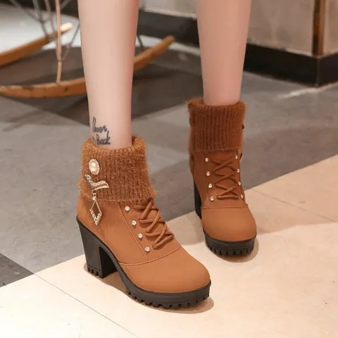 Women Fashion Short Boots Rhinestone Artificial Pearl Decor Round Toe Square Heel Knit Cuff Microfiber Suede Ankle Boots