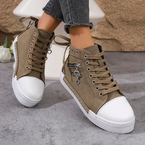 Women's High Top Canvas Sneakers Casual Flat Platform Board Shoes With Double Heart Zipper Bow Decoration Khaki Blue