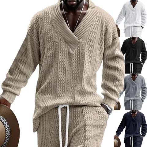 Jersey de Punto con Cuello en V para Hombre Camiseta de Manga Larga Ajuste Holgado Jacquard Top Minimalista Color Sólido Casual