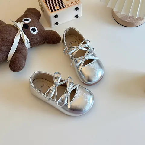 Mädchen Prinzessin Mary Jane Schuhe Doppel Schleife Rund Toe Flache Ballett Einzelschuhe Silber Schwarz Kinder Party Schuhe