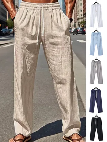 Men's Casual Linen Blend Trousers Summer Beach Pants Drawstring Elastic Waist Straight Leg Breathable Lightweight Bottoms