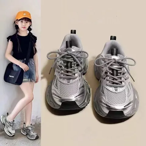 Zapatos Daddy Plateados para Niñas Zapatillas de Malla Transpirable Textura Metálica Suela Gruesa Zapatos Deportivos Casuales