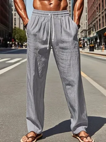 Men's Casual Linen Blend Trousers Summer Beach Pants Drawstring Elastic Waist Straight Leg Breathable Lightweight Bottoms
