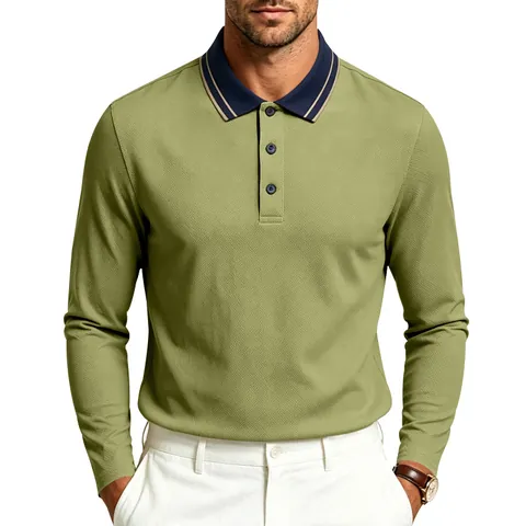 Herren Business Casual Langarm Polo-Shirt Piqué-Netz Kontrastkragen Polyester Amerikanisch Schlicht Atmungsaktiv Top