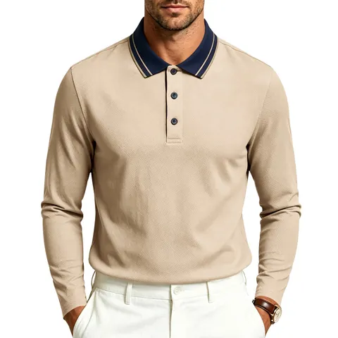 Herren Business Casual Langarm Polo-Shirt Piqué-Netz Kontrastkragen Polyester Amerikanisch Schlicht Atmungsaktiv Top