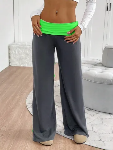 Women Plus Size Yoga Pants Fashion Patchwork Flare Leg Trousers High Waist Contrast Color Polyester Bottoms Casual Sports Leggings