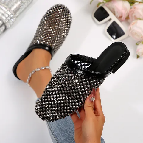 Women Fashion Rhinestone Flat Mules Sparkling Hollow Out Round Toe Half Slippers Summer Casual Beach Slides