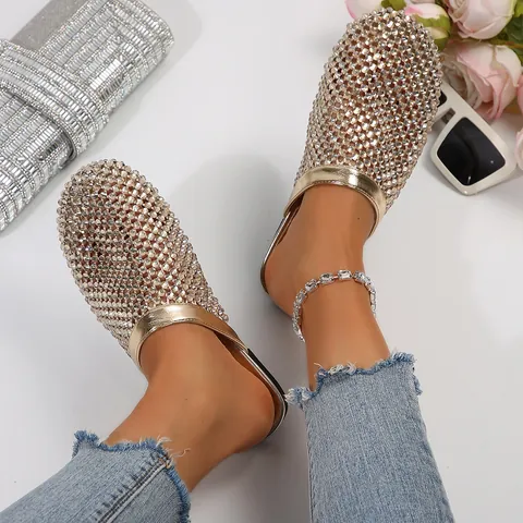 Women Fashion Rhinestone Flat Mules Sparkling Hollow Out Round Toe Half Slippers Summer Casual Beach Slides