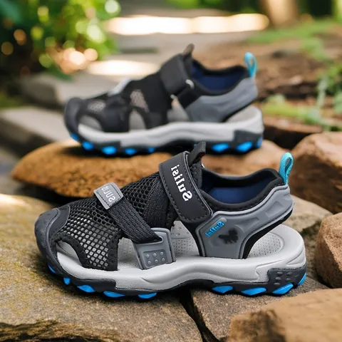 Boys Sports Sandals Closed Toe Breathable Mesh Outdoor Beach Shoes For Kids Anti Slip Soft Sole Student Sandals Hook And Loop