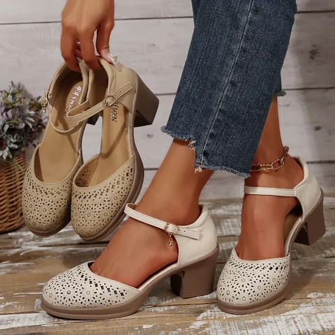 European Retro Mary Jane Chunky Heel Shoes For Women Floral Laser Cutout Commute Pumps Beige Brown PU Block Heel Shoes