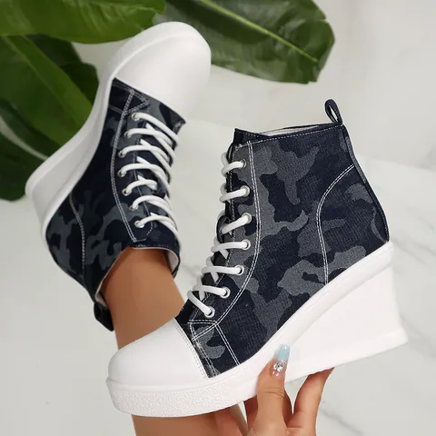 Women Wedge High Top Canvas Shoes Navy Blue Camouflage Pattern Platform Sneakers Casual Height Increasing Vulcanized Shoes