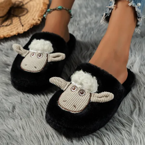 Damen Plüsch Cartoon Lamm Hausschuhe Künstliches Fell Warm Herbst Winter Indoor Outdoor Flache Sohle Rutschfeste Hausschuhe Lässige Mode Wildleder Obermaterial