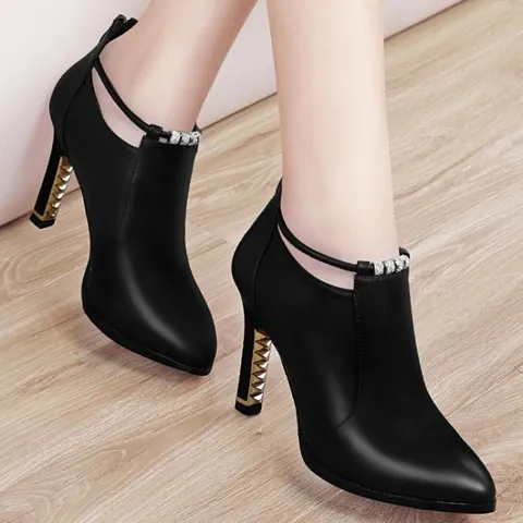 Women's Pointed Toe High Heel Ankle Boots Stiletto Fashion Rivet Studded Dress Boots Rear Zipper Elegant Rhinestone Strap Leather Boots