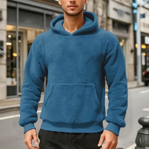 Men's Winter Double-Sided Velvet Hoodie Sherpa Fleece Pullover Casual Warm Kangaroo Pocket Solid Color Sweatshirt For Young Men