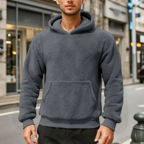 Men's Winter Double-Sided Velvet Hoodie Sherpa Fleece Pullover Casual Warm Kangaroo Pocket Solid Color Sweatshirt For Young Men