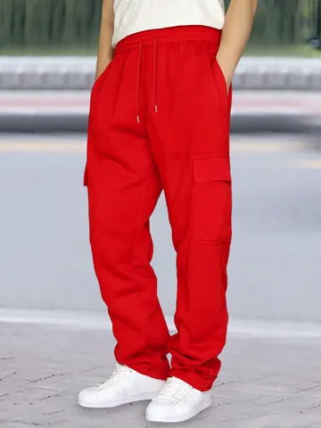 Men Cargo Joggers Fleece Lined Sweatpants Loose Fit Multi-Pocket Drawstring Casual Athletic Bottoms Autumn Solid Color Pants