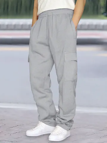 Men Cargo Joggers Fleece Lined Sweatpants Loose Fit Multi-Pocket Drawstring Casual Athletic Bottoms Autumn Solid Color Pants