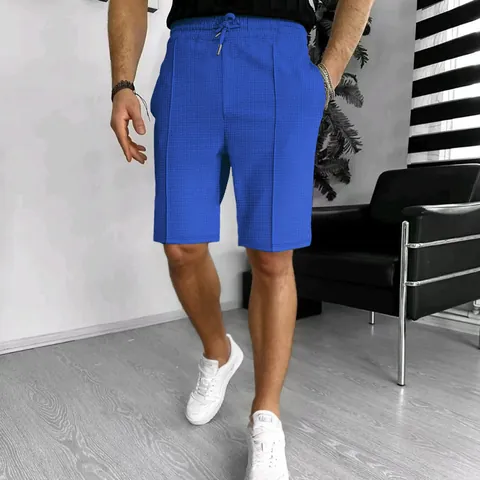 Men Waffle Knit Shorts Summer Casual Loose Straight Polyester Breathable Five-Point Shorts With Drawstring Waist