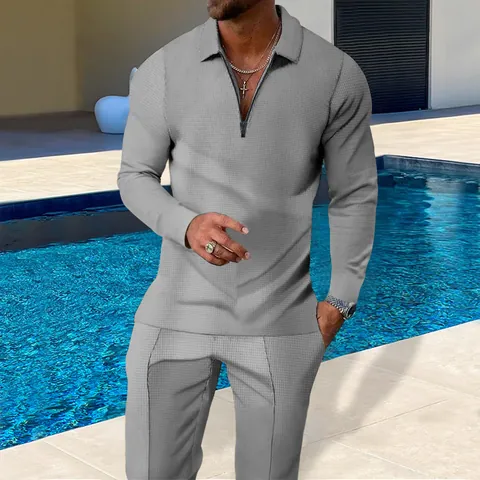 Men Casual Waffle Knit Set Quarter-Zip Lapel Long Sleeve Top And Long Pants Solid Color Two-Piece Sports Leisure Set