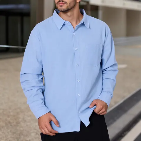 Heren Casual Puur Katoen Lange Mouw Overhemd Minimalistisch Effen Kleur Button Down Top Met Zak Voor Lente Herfst Trendy