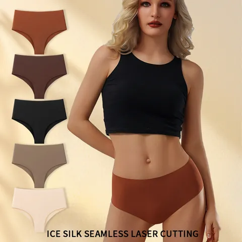Women Seamless Ice Silk Panties Mid Waist Breathable Quick Dry Nylon Underwear Cotton Crotch Casual Sporty Briefs For Yoga
