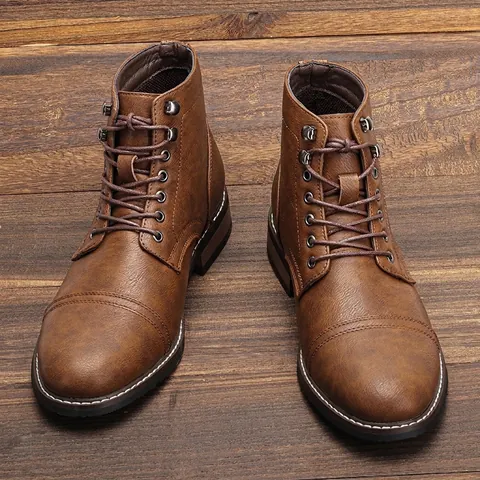 Men's Vintage Work Boots Outdoor Casual Martin Boots Retro PU Leather Lace-up Height Increasing Anti-slip High Top Shoes