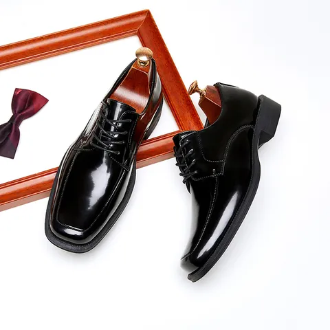 Men's Business Square Toe Patent Leather Derby Shoes Formal Lace Up Shiny Wedding Dress Shoes For Men