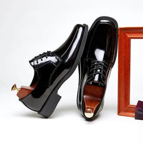 Men's Business Square Toe Patent Leather Derby Shoes Formal Lace Up Shiny Wedding Dress Shoes For Men
