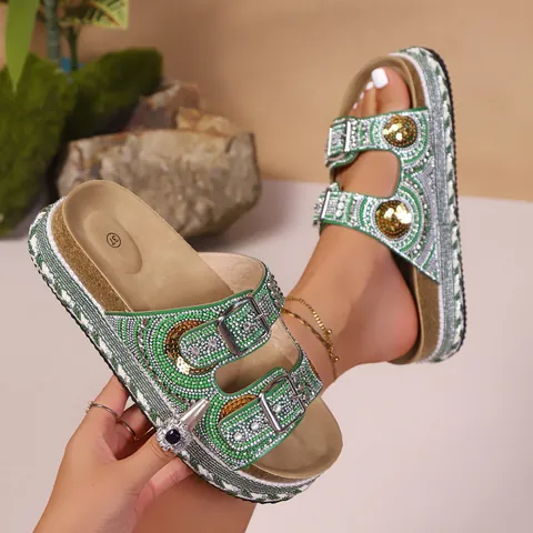 Damen Bohemian Strass Keilabsatz Plateau Sandalen Hanfseil Kork Strand Hausschuhe Metallschnalle Sommer Mode Outdoor Schuhe