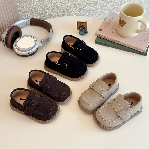 Kids Casual Leather Shoes Big Round Toe Soft Sole Toddler Moccasins Boys Girls Loafers With Contrast Stitching Slip-on Shoes