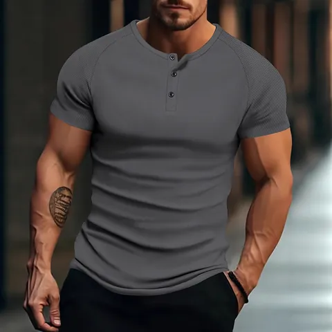 Camiseta Henley Muscle Fit para Hombre Punto de Canalé Manga Corta Rayado Deportivo Casual Ajustado Verano Camiseta Superior Moda Gym