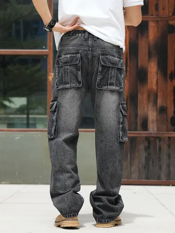 Men Wide Leg Loose Cargo Jeans Multi-Pockets Vintage Washed Cotton Denim Work Pants Streetwear Casual Baggy Bottoms Trousers